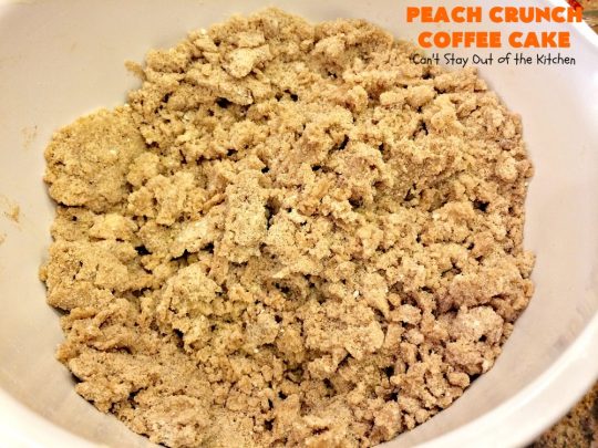 Peach Crunch Coffee Cake | Can't Stay Out of the Kitchen | this fabulous #dessert is layered with #peaches & a streusel topping. Then it's glazed with a powdered sugar icing. It's absolutely mouthwatering & terrific for company or #holiday dinners or #breakfast! #cake #coffeecake