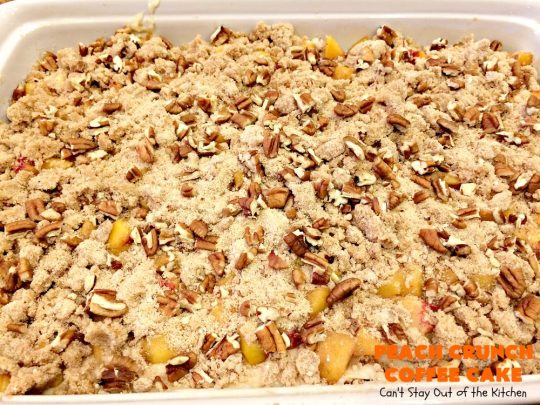 Peach Crunch Coffee Cake | Can't Stay Out of the Kitchen | this fabulous #dessert is layered with #peaches & a streusel topping. Then it's glazed with a powdered sugar icing. It's absolutely mouthwatering & terrific for company or #holiday dinners or #breakfast! #cake #coffeecake