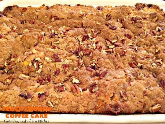 Peach Crunch Coffee Cake | Can't Stay Out of the Kitchen | this fabulous #dessert is layered with #peaches & a streusel topping. Then it's glazed with a powdered sugar icing. It's absolutely mouthwatering & terrific for company or #holiday dinners or #breakfast! #cake #coffeecake