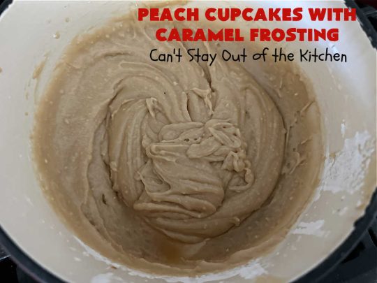 Peach Cupcakes with Caramel Frosting | Can't Stay Out of the Kitchen | these fabulous #cupcakes include fresh #peaches, #applesauce & #bananas in the batter. Then they're topped with a dreamy #CaramelFrosting. You'll be captivated and swooning over every bite. #dessert #PeachDessert #PeachCupcakes #PeachCupcakesWithCaramelFrosting