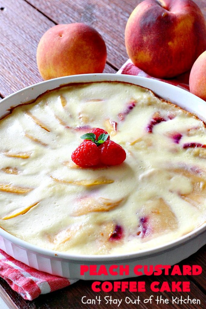 Peach Custard Coffee Cake | Can't Stay Out of the Kitchen | this delicious #CoffeeCake is made with fresh #peaches & has a custard filling on top. It's a wonderful #cake for a weekend or company #breakfast. This #recipe makes two round cake pans so it's perfect for a crowd. #summer #HolidayBreakfast #PeachCustardCoffeeCake #southern