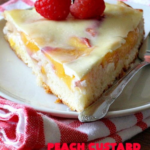 Peach Custard Coffee Cake | Can't Stay Out of the Kitchen | this delicious #CoffeeCake is made with fresh #peaches & has a custard filling on top. It's a wonderful #cake for a weekend or company #breakfast. This #recipe makes two round cake pans so it's perfect for a crowd. #summer #HolidayBreakfast #PeachCustardCoffeeCake #southern