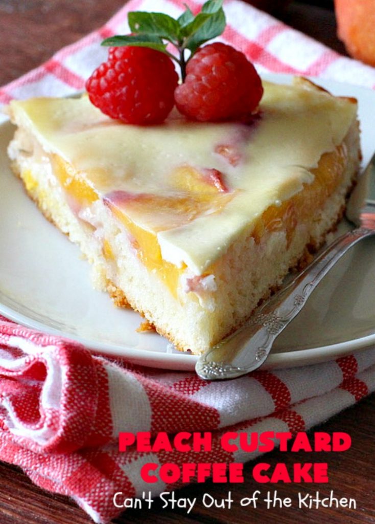 Peach Custard Coffee Cake | Can't Stay Out of the Kitchen | this delicious #CoffeeCake is made with fresh #peaches & has a custard filling on top. It's a wonderful #cake for a weekend or company #breakfast. This #recipe makes two round cake pans so it's perfect for a crowd. #summer #HolidayBreakfast #PeachCustardCoffeeCake #southern