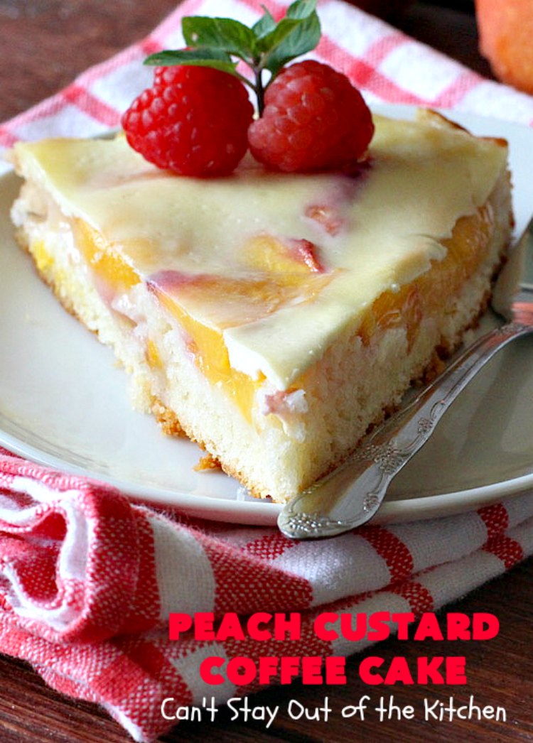 Peach Custard Coffee Cake | Can't Stay Out of the Kitchen | this delicious #CoffeeCake is made with fresh #peaches & has a custard filling on top. It's a wonderful #cake for a weekend or company #breakfast. This #recipe makes two round cake pans so it's perfect for a crowd. #summer #HolidayBreakfast #PeachCustardCoffeeCake #southern