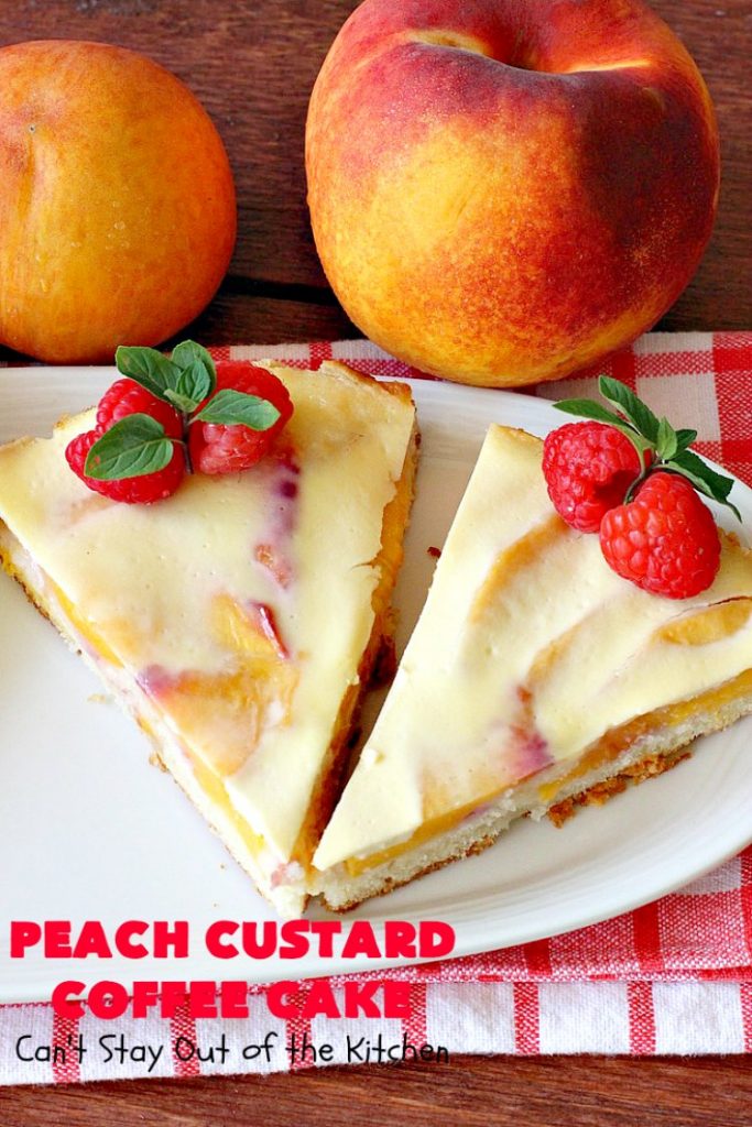 Peach Custard Coffee Cake | Can't Stay Out of the Kitchen | this delicious #CoffeeCake is made with fresh #peaches & has a custard filling on top. It's a wonderful #cake for a weekend or company #breakfast. This #recipe makes two round cake pans so it's perfect for a crowd. #summer #HolidayBreakfast #PeachCustardCoffeeCake #southern