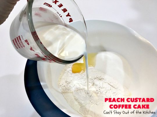 Peach Custard Coffee Cake | Can't Stay Out of the Kitchen | this delicious #CoffeeCake is made with fresh #peaches & has a custard filling on top. It's a wonderful #cake for a weekend or company #breakfast. This #recipe makes two round cake pans so it's perfect for a crowd. #summer #HolidayBreakfast #PeachCustardCoffeeCake #southern