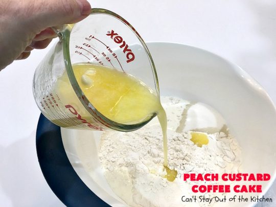 Peach Custard Coffee Cake | Can't Stay Out of the Kitchen | this delicious #CoffeeCake is made with fresh #peaches & has a custard filling on top. It's a wonderful #cake for a weekend or company #breakfast. This #recipe makes two round cake pans so it's perfect for a crowd. #summer #HolidayBreakfast #PeachCustardCoffeeCake #southern