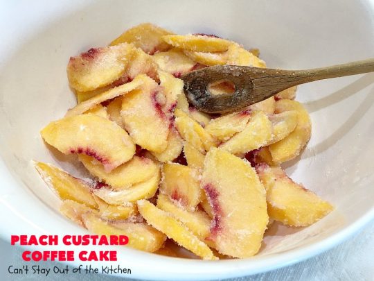 Peach Custard Coffee Cake | Can't Stay Out of the Kitchen | this delicious #CoffeeCake is made with fresh #peaches & has a custard filling on top. It's a wonderful #cake for a weekend or company #breakfast. This #recipe makes two round cake pans so it's perfect for a crowd. #summer #HolidayBreakfast #PeachCustardCoffeeCake #southern