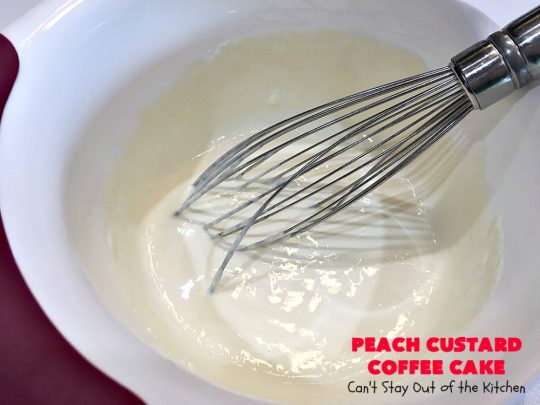Peach Custard Coffee Cake | Can't Stay Out of the Kitchen | this delicious #CoffeeCake is made with fresh #peaches & has a custard filling on top. It's a wonderful #cake for a weekend or company #breakfast. This #recipe makes two round cake pans so it's perfect for a crowd. #summer #HolidayBreakfast #PeachCustardCoffeeCake #southern