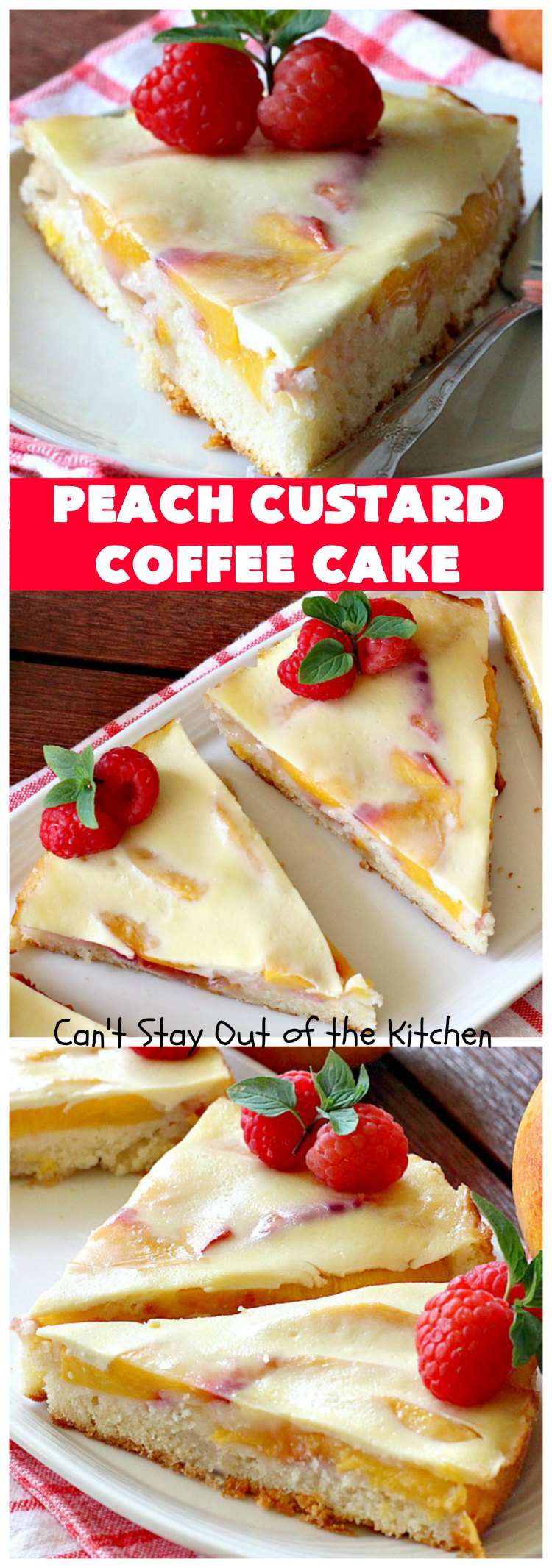 Peach Custard Coffee Cake | Can't Stay Out of the Kitchen | this delicious #CoffeeCake is made with fresh #peaches & has a custard filling on top. It's a wonderful #cake for a weekend or company #breakfast. This #recipe makes two round cake pans so it's perfect for a crowd. #summer #HolidayBreakfast  #PeachCustardCoffeeCake #southern