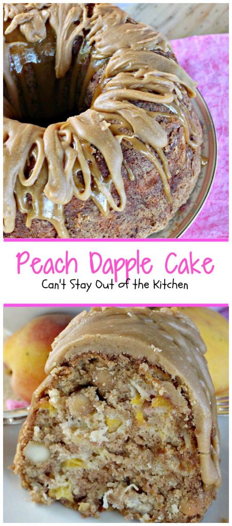 Peach Dapple Cake | Can't Stay Out of the Kitchen | This #cake is amazing. It's filled with #peaches #coconut and #macadamianuts and has a scrumptious brown sugar glaze. #dessert