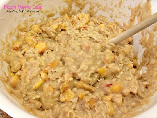 Peach Dapple Cake | Can't Stay Out of the Kitchen | This #cake is amazing. It's filled with #peaches #coconut and #macadamianuts and has a scrumptious brown sugar glaze. #dessert