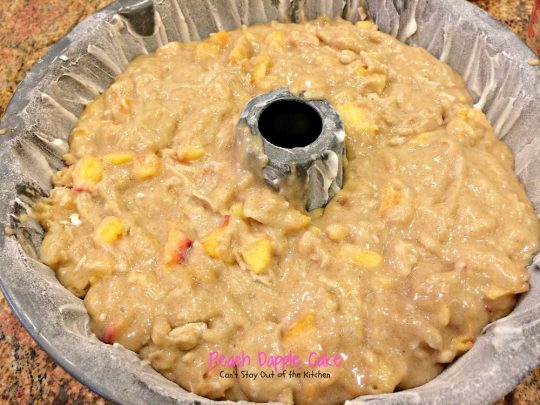 Peach Dapple Cake | Can't Stay Out of the Kitchen | This #cake is amazing. It's filled with #peaches #coconut and #macadamianuts and has a scrumptious brown sugar glaze. #dessert