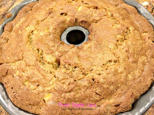 Peach Dapple Cake | Can't Stay Out of the Kitchen | This #cake is amazing. It's filled with #peaches #coconut and #macadamianuts and has a scrumptious brown sugar glaze. #dessert