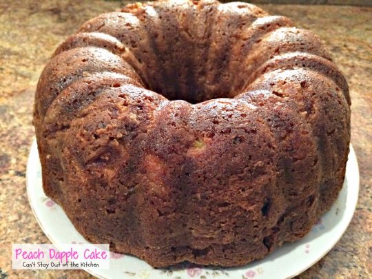 Peach Dapple Cake | Can't Stay Out of the Kitchen | This #cake is amazing. It's filled with #peaches #coconut and #macadamianuts and has a scrumptious brown sugar glaze. #dessert