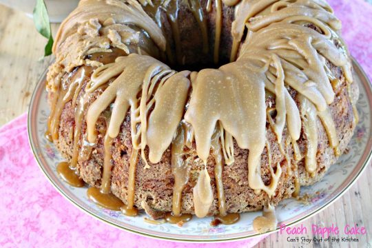 Peach Dapple Cake | Can't Stay Out of the Kitchen | This #cake is amazing. It's filled with #peaches #coconut and #macadamianuts and has a scrumptious brown sugar glaze. #dessert