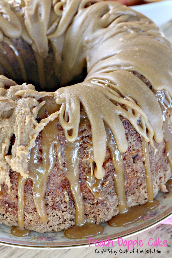 Peach Dapple Cake | Can't Stay Out of the Kitchen | This #cake is amazing. It's filled with #peaches #coconut and #macadamianuts and has a scrumptious brown sugar glaze. #dessert