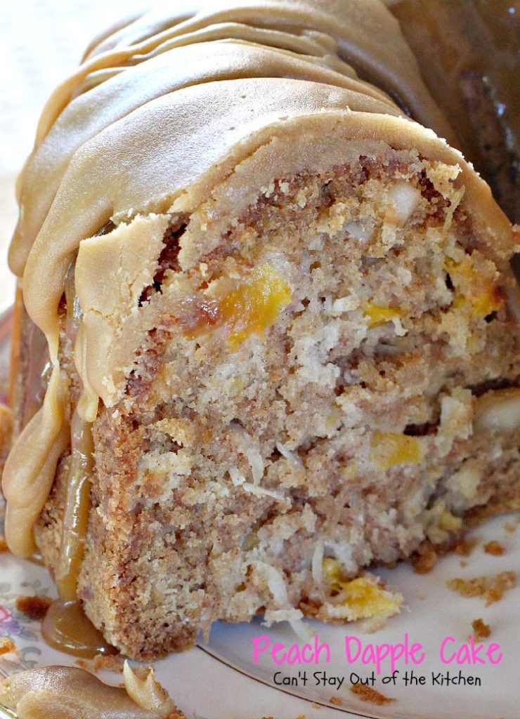 Peach Dapple Cake | Can't Stay Out of the Kitchen | This #cake is amazing. It's filled with #peaches #coconut and #macadamianuts and has a scrumptious brown sugar glaze. #dessert