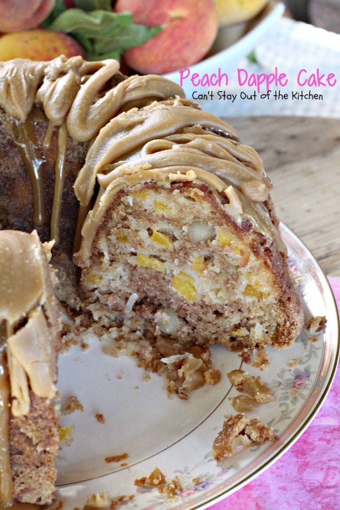 Peach Dapple Cake | Can't Stay Out of the Kitchen | This #cake is amazing. It's filled with #peaches #coconut and #macadamianuts and has a scrumptious brown sugar glaze. #dessert