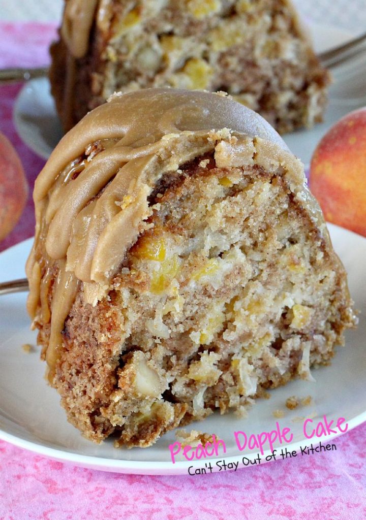 Peach Dapple Cake | Can't Stay Out of the Kitchen | This #cake is amazing. It's filled with #peaches #coconut and #macadamianuts and has a scrumptious brown sugar glaze. #dessert