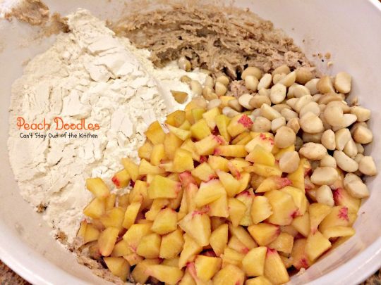 Peach Doodles | Can't Stay Out of the Kitchen | #peaches and #macadamianuts fill these delicious #cookies. You'll be coming back for more! #dessert