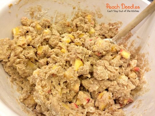 Peach Doodles | Can't Stay Out of the Kitchen | #peaches and #macadamianuts fill these delicious #cookies. You'll be coming back for more! #dessert