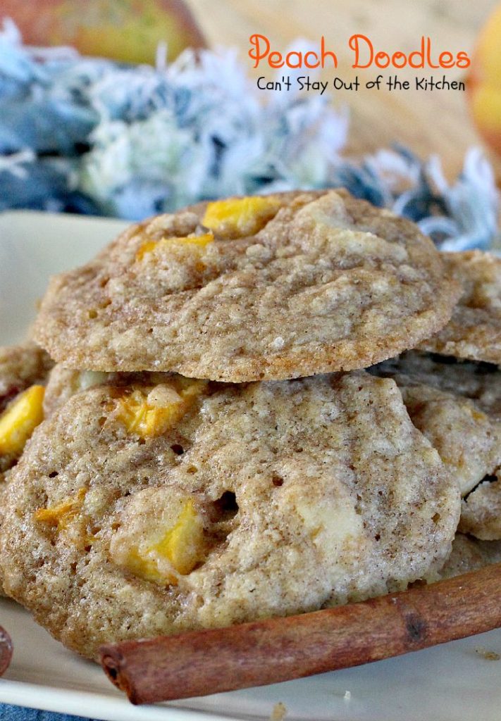 Peach Doodles | Can't Stay Out of the Kitchen | #peaches and #macadamianuts fill these delicious #cookies. You'll be coming back for more! #dessert