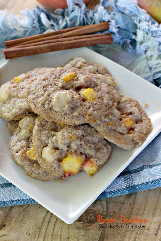 Peach Doodles | Can't Stay Out of the Kitchen | #peaches and #macadamianuts fill these delicious #cookies. You'll be coming back for more! #dessert