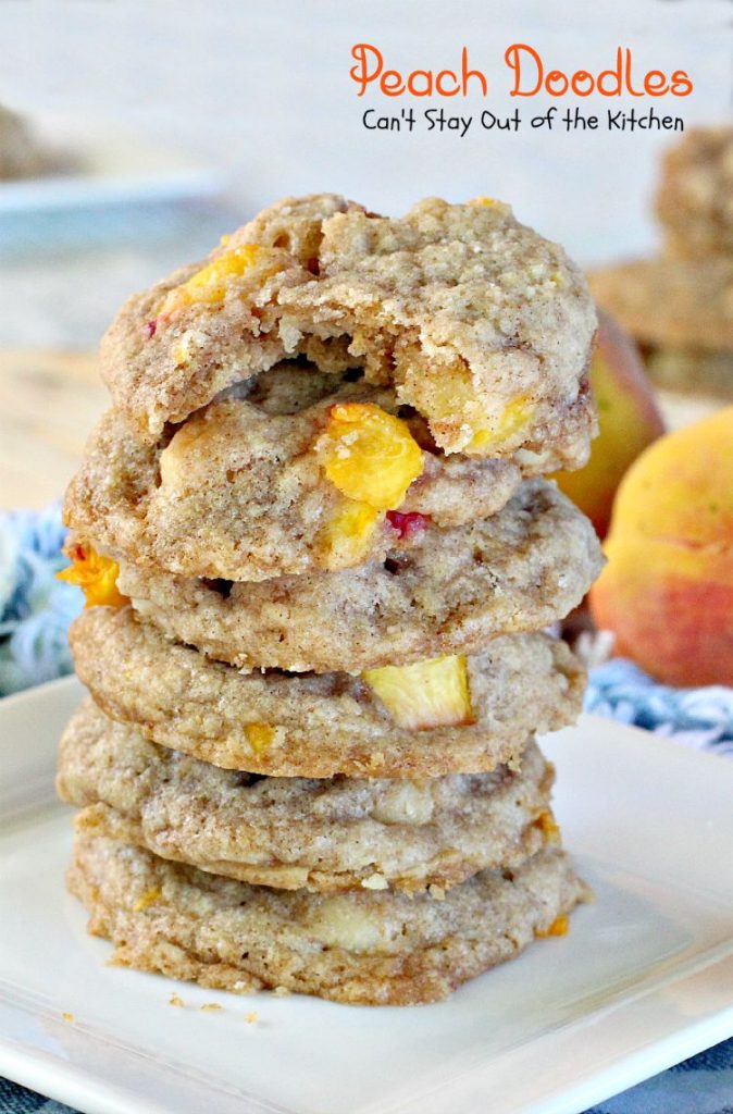 Peach Doodles | Can't Stay Out of the Kitchen | #peaches and #macadamianuts fill these delicious #cookies. You'll be coming back for more! #dessert