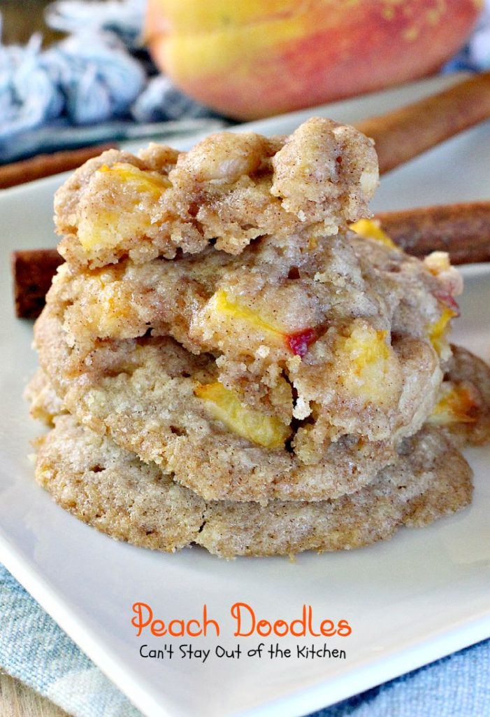 Peach Doodles | Can't Stay Out of the Kitchen | #peaches and #macadamianuts fill these delicious #cookies. You'll be coming back for more! #dessert