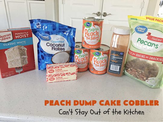 Peach Dump Cake Cobbler | Can't Stay Out of the Kitchen | this easy 6-ingredient #dessert is quick to toss together. You can use #PeachPieFilling #CannedPeaches or #PeachesAndCremePieFilling which is phenomenal. If you need a quick #dessert this one is so delectable--especially topped with #IceCream. Don't Let the name fool you. #DumpCake is really more like #cobbler than cake. Everything is dumped into the dish & then baked. So quick & easy. #PeachDumpCakeCobbler