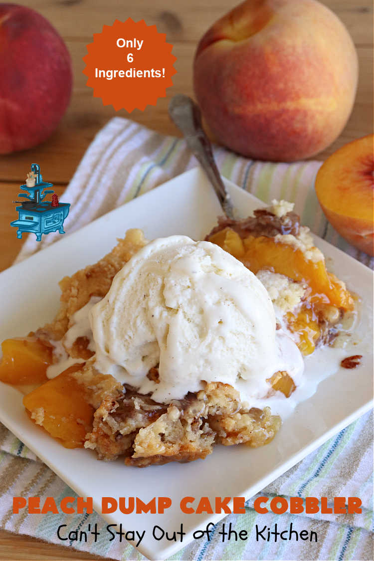 Peach Dump Cake Cobbler | Can't Stay Out of the Kitchen | this easy 6-ingredient #dessert is quick to toss together. You can use #PeachPieFilling #CannedPeaches or #PeachesAndCremePieFilling which is phenomenal. If you need a quick #dessert this one is so delectable--especially topped with #IceCream. Don't Let the name fool you. #DumpCake is really more like #cobbler than cake. Everything is dumped into the dish & then baked. So quick & easy. #PeachDumpCakeCobblerPeach Dump Cake Cobbler | Can't Stay Out of the Kitchen | this easy 6-ingredient #dessert is quick to toss together. You can use #PeachPieFilling #CannedPeaches or #PeachesAndCremePieFilling which is phenomenal. If you need a quick #dessert this one is so delectable--especially topped with #IceCream. Don't Let the name fool you. #DumpCake is really more like #cobbler than cake. Everything is dumped into the dish & then baked. So quick & easy. #PeachDumpCakeCobbler