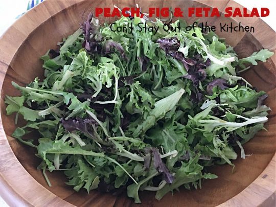 Peach, Fig & Feta Salad | Can't Stay Out of the Kitchen | this delicious gourmet-type #salad is fantastic for company or #holiday dinners. The sweetness comes from #peaches, #figs & #grapes. The savory flavors come from #FetaCheese & roasted #pecans. #Healthy #LowCalorie #GlutenFree #PeachFigAndFetaSalad