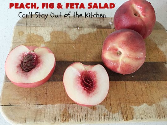 Peach, Fig & Feta Salad | Can't Stay Out of the Kitchen | this delicious gourmet-type #salad is fantastic for company or #holiday dinners. The sweetness comes from #peaches, #figs & #grapes. The savory flavors come from #FetaCheese & roasted #pecans. #Healthy #LowCalorie #GlutenFree #PeachFigAndFetaSalad