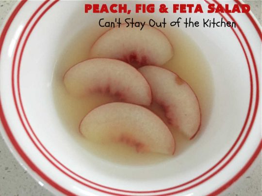 Peach, Fig & Feta Salad | Can't Stay Out of the Kitchen | this delicious gourmet-type #salad is fantastic for company or #holiday dinners. The sweetness comes from #peaches, #figs & #grapes. The savory flavors come from #FetaCheese & roasted #pecans. #Healthy #LowCalorie #GlutenFree #PeachFigAndFetaSalad