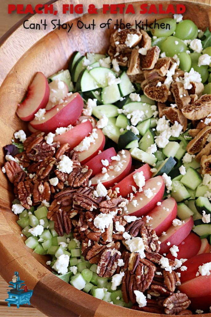 Peach, Fig & Feta Salad | Can't Stay Out of the Kitchen | this delicious gourmet-type #salad is fantastic for company or #holiday dinners. The sweetness comes from #peaches, #figs & #grapes. The savory flavors come from #FetaCheese & roasted #pecans. #Healthy #LowCalorie #GlutenFree #PeachFigAndFetaSalad