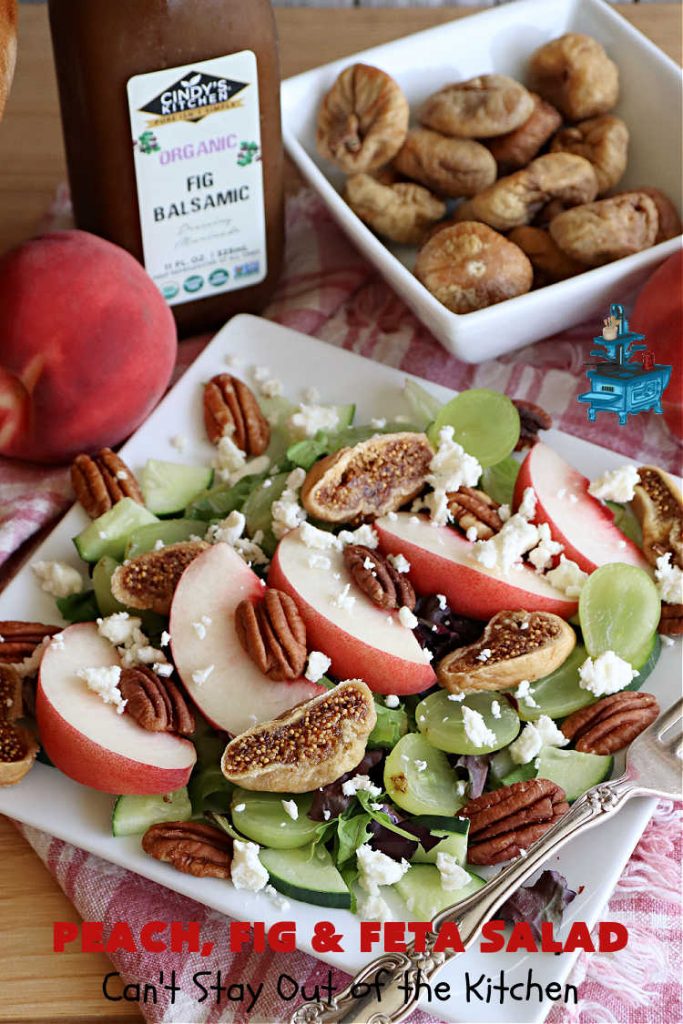Peach, Fig & Feta Salad | Can't Stay Out of the Kitchen | this delicious gourmet-type #salad is fantastic for company or #holiday dinners. The sweetness comes from #peaches, #figs & #grapes. The savory flavors come from #FetaCheese & roasted #pecans. #Healthy #LowCalorie #GlutenFree #PeachFigAndFetaSalad