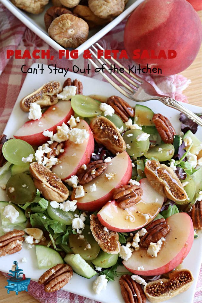 Peach, Fig & Feta Salad | Can't Stay Out of the Kitchen | this delicious gourmet-type #salad is fantastic for company or #holiday dinners. The sweetness comes from #peaches, #figs & #grapes. The savory flavors come from #FetaCheese & roasted #pecans. #Healthy #LowCalorie #GlutenFree #PeachFigAndFetaSaladPeach, Fig & Feta Salad | Can't Stay Out of the Kitchen | this delicious gourmet-type #salad is fantastic for company or #holiday dinners. The sweetness comes from #peaches, #figs & #grapes. The savory flavors come from #FetaCheese & roasted #pecans. #Healthy #LowCalorie #GlutenFree #PeachFigAndFetaSalad