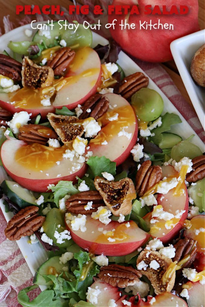 Peach, Fig & Feta Salad | Can't Stay Out of the Kitchen | this delicious gourmet-type #salad is fantastic for company or #holiday dinners. The sweetness comes from #peaches, #figs & #grapes. The savory flavors come from #FetaCheese & roasted #pecans. #Healthy #LowCalorie #GlutenFree #PeachFigAndFetaSaladPeach, Fig & Feta Salad | Can't Stay Out of the Kitchen | this delicious gourmet-type #salad is fantastic for company or #holiday dinners. The sweetness comes from #peaches, #figs & #grapes. The savory flavors come from #FetaCheese & roasted #pecans. #Healthy #LowCalorie #GlutenFree #PeachFigAndFetaSalad