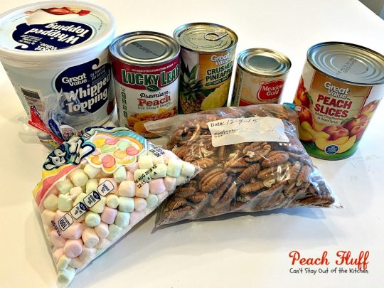 Peach Fluff | Can't Stay Out of the Kitchen | this scrumptious #salad is more like a #dessert. It's filled with #peachpiefilling, crushed #pineapple, #pecans & miniature #marshmallows. Great for summer #holiday picnics. #glutenfree