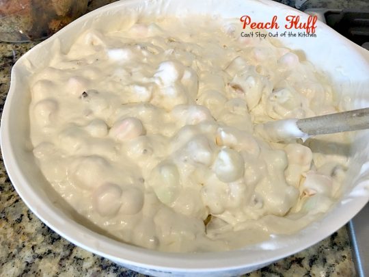 Peach Fluff | Can't Stay Out of the Kitchen | this scrumptious #salad is more like a #dessert. It's filled with #peachpiefilling, crushed #pineapple, #pecans & miniature #marshmallows. Great for summer #holiday picnics. #glutenfree