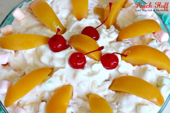 Peach Fluff | Can't Stay Out of the Kitchen | this scrumptious #salad is more like a #dessert. It's filled with #peachpiefilling, crushed #pineapple, #pecans & miniature #marshmallows. Great for summer #holiday picnics. #glutenfree