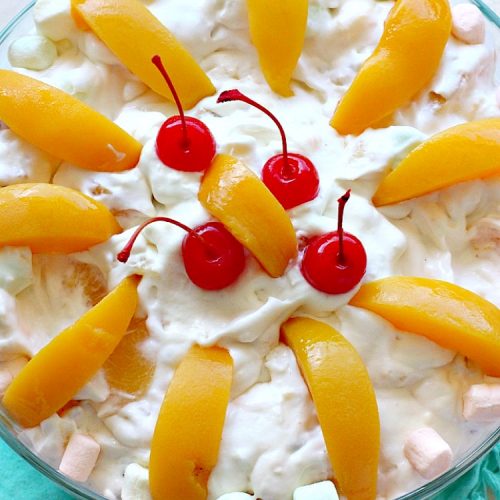 Peach Fluff | Can't Stay Out of the Kitchen | this scrumptious #salad is more like a #dessert. It's filled with #peachpiefilling, crushed #pineapple, #pecans & miniature #marshmallows. Great for summer #holiday picnics. #glutenfree