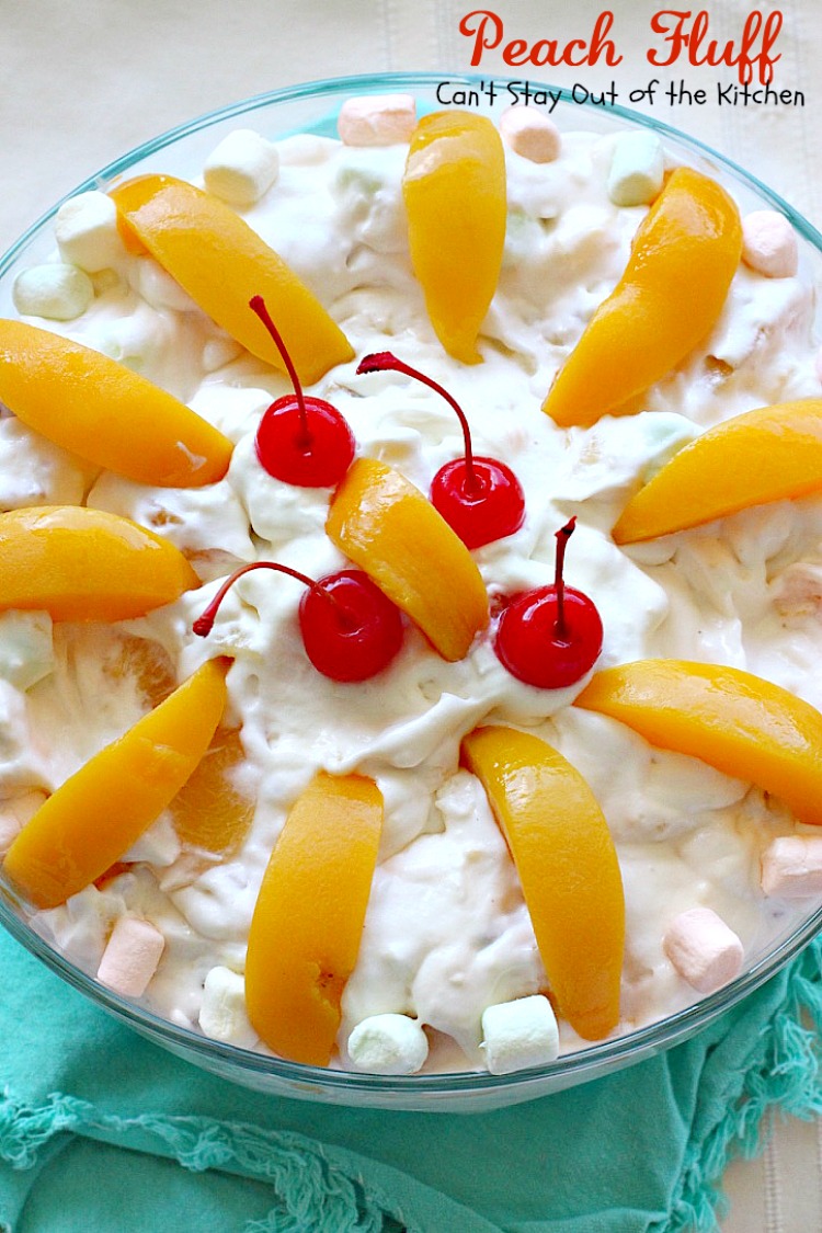 Peach Fluff | Can't Stay Out of the Kitchen | this scrumptious #salad is more like a #dessert. It's filled with #peachpiefilling, crushed #pineapple, #pecans & miniature #marshmallows. Great for summer #holiday picnics. #glutenfree