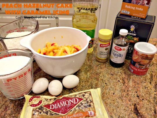 Peach Hazelnut Cake with Caramel Icing | Can't Stay Out of the Kitchen | in this fantastic #cake the #caramel icing sinks into the cake like a #pokecake. It's absolutely spectacular & the perfect #summer #dessert. #peaches #hazelnuts