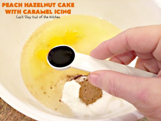 Peach Hazelnut Cake with Caramel Icing | Can't Stay Out of the Kitchen | in this fantastic #cake the #caramel icing sinks into the cake like a #pokecake. It's absolutely spectacular & the perfect #summer #dessert. #peaches #hazelnuts