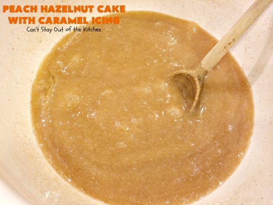 Peach Hazelnut Cake with Caramel Icing | Can't Stay Out of the Kitchen | in this fantastic #cake the #caramel icing sinks into the cake like a #pokecake. It's absolutely spectacular & the perfect #summer #dessert. #peaches #hazelnuts