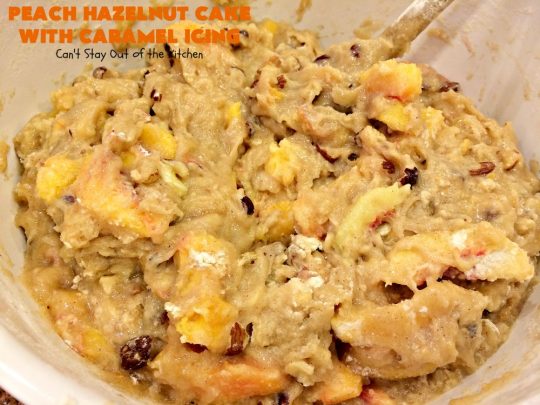 Peach Hazelnut Cake with Caramel Icing | Can't Stay Out of the Kitchen | in this fantastic #cake the #caramel icing sinks into the cake like a #pokecake. It's absolutely spectacular & the perfect #summer #dessert. #peaches #hazelnuts