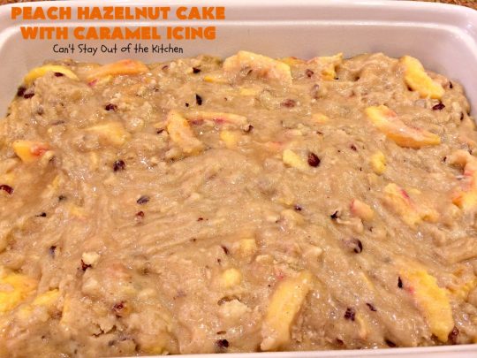 Peach Hazelnut Cake with Caramel Icing | Can't Stay Out of the Kitchen | in this fantastic #cake the #caramel icing sinks into the cake like a #pokecake. It's absolutely spectacular & the perfect #summer #dessert. #peaches #hazelnuts