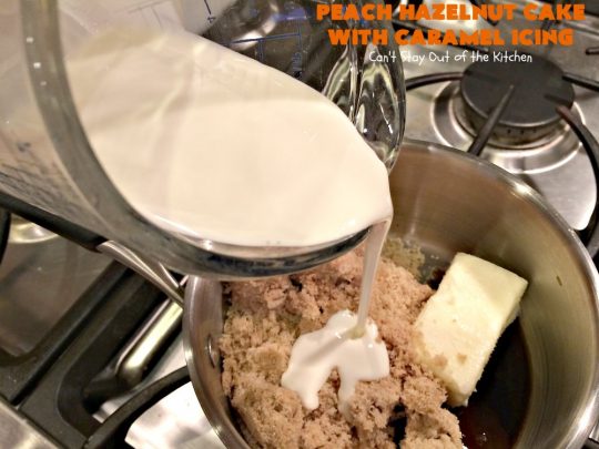 Peach Hazelnut Cake with Caramel Icing | Can't Stay Out of the Kitchen | in this fantastic #cake the #caramel icing sinks into the cake like a #pokecake. It's absolutely spectacular & the perfect #summer #dessert. #peaches #hazelnuts